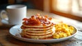 Classic American breakfast with pancakes and bacon. Generative AI Royalty Free Stock Photo