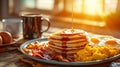 Classic American breakfast with pancakes and bacon. Generative AI Royalty Free Stock Photo