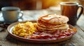 Classic American breakfast with pancakes and bacon. Generative AI Royalty Free Stock Photo