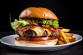 Classic American Burger and Fries, juicy burger with bacon, cheese, lettuce and french fries