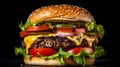 Classic American Burger: Juicy Beef Patty, Melted Cheese, Fresh Veggies on Toasted Bun Gourmet Burger Photo Royalty Free Stock Photo