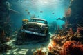 Classic American car broken underwater