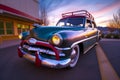 Classic American Car at Colorful Motel during Sunset Royalty Free Stock Photo