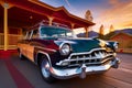 Classic American Car at Colorful Motel during Sunset Royalty Free Stock Photo