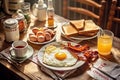 A classic, American diner breakfast, featuring sunny side up eggs, hash browns, crispy bacon, and thick slices of buttered toast,