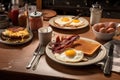 A classic, American diner breakfast, featuring sunny side up eggs, hash browns, crispy bacon, and thick slices of buttered toast,