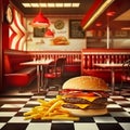 Classic American Diner with Cheeseburgers and Fries