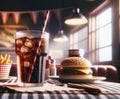 Classic American Diner Experience with Burger and Dirty Soda Cola