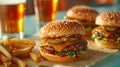 Classic American diner scene with juicy cheeseburgers, fries, and cold beers