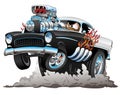 Classic American Fifties Style Hot Rod Funny Car Cartoon with Big Engine, Flames, Vector Illustration
