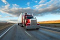 Classic American long-nose semitruck on a highway