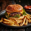 Hamburger and French Fries on a Plate Royalty Free Stock Photo