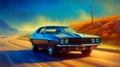 A classic american muscle car driving on the road Royalty Free Stock Photo