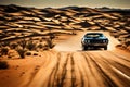 A classic American muscle car speeding down an empty desert highway, leaving a trail of dust in its wake Royalty Free Stock Photo