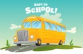 Classic american old school bus. Back to school. Ride on road. Free travel. Color vector school banner