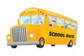 Classic american old school bus. Kids riding on school bus. Free travel. Color vector school banner