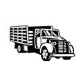 Classic American Pickup Truck with Wood Side Rails Front Retro Woodcut Black and White