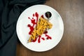 Classic American piece of beef pie with cheddar, cranberry sause and brisket beef on a white plate in a composition with Royalty Free Stock Photo