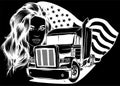 white silhouette of Classic American Truck. Vector illustration with american flag and woman on black background Royalty Free Stock Photo