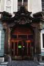 Classic ancient ruin antique building hotel and shop closed door out off service in winter season at Praha old town city on