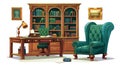 Classic antique style wooden secretaire table, leather armchairs and couches, lamp, bookcase, picture on wall. Cartoon