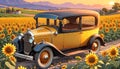 Classic antique touring automobile sunflower field meadow