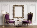 Classic armchairs in classic interior with empty classic frame on the wall Royalty Free Stock Photo