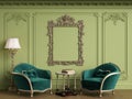 Classic armchairs in classic interior with empty classic frame on the wall.Green Gamma