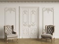 Classic armchais in classic interior. Walls with moldings and de