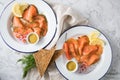 Classic and Asian style Gravlax a raw, marinated graved salmon with lemongras, chili, dill with toast bread, Scandinavian mustard