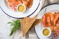 Classic and Asian style Gravlax a raw, marinated graved salmon with lemongras, chili, dill with toast bread, Scandinavian mustard Royalty Free Stock Photo