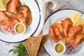 Classic and Asian style Gravlax a raw, marinated graved salmon with lemongras, chili, dill with toast bread, Scandinavian mustard