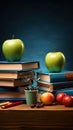 Classic back to school setup blackboard, glasses, books, apple, and pencils Royalty Free Stock Photo