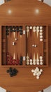 Classic Backgammon Game Setup with Dice and Chips on Wooden Table Royalty Free Stock Photo