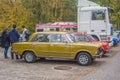 Classic bahama yellow Polish veteran car Polski Fiatt 125p sedan right side view