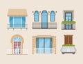 Classic balconies with doors and windows set. Architectural house facade exterior vector illustration Royalty Free Stock Photo