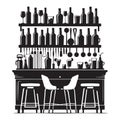 Classic Bar Counter Setting with Stools Bottles and Drinks Silhouette Royalty Free Stock Photo
