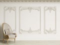 Classic baroque armchair in classic interior. Walls wth moldings and decorated cornic