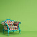 Classic baroque armchair in colorful pop art style on green background with copy space