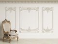 Classic baroque armchair in classic interior. Walls wth moldings and decorated cornice