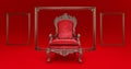 Classic baroque armchair throne in bronze and red colors isolated on dark red background. armchair throne whithe golden frame