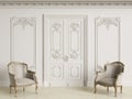 Classic baroque armchais in classic interior. Walls wth moldings and decorated cornice.