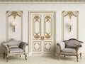 Classic baroque armchais in classic interior. Walls wth moldings and decorated cornice