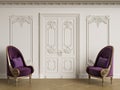 Classic baroque armchais in classic interior. Walls with molding