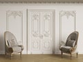 Classic baroque armchais in classic interior. Walls with molding