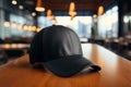 Classic baseball cap in black sits elegantly on the table, adding a stylish touch