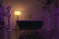 classic bathroom with ionic columns and white brick wall. Iluminated by tripod lamp