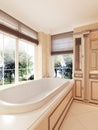Classic bathtub by large window with Roman blinds in the bathroom.