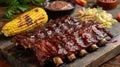 classic bbq feast, grilled bbq ribs smothered in tangy sauce, served with coleslaw, and buttery corn on the cob, the