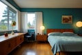 The Classic Beauty of a Danish Modern Queen Bed Between Two Sunlit Windows Royalty Free Stock Photo